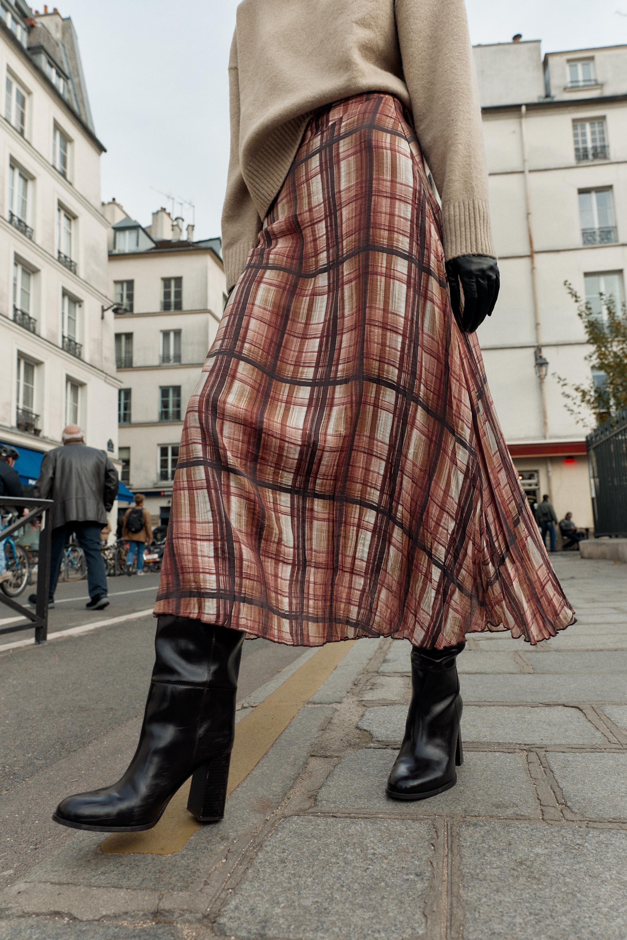 PLAID WRINKLED EFFECT MIDI SKIRT